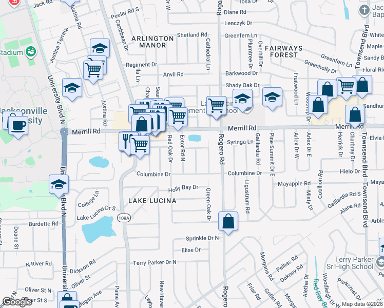 map of restaurants, bars, coffee shops, grocery stores, and more near 2529 Ector Road North in Jacksonville