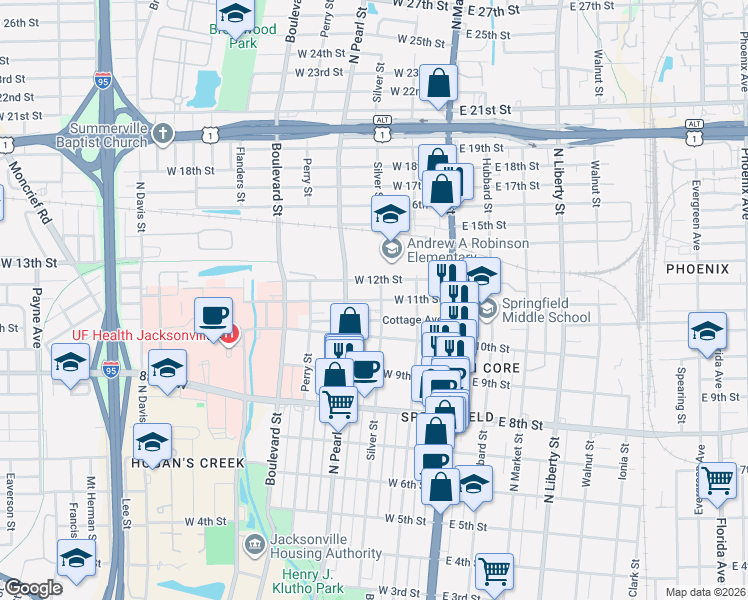 map of restaurants, bars, coffee shops, grocery stores, and more near 2036 Silver Street in Jacksonville