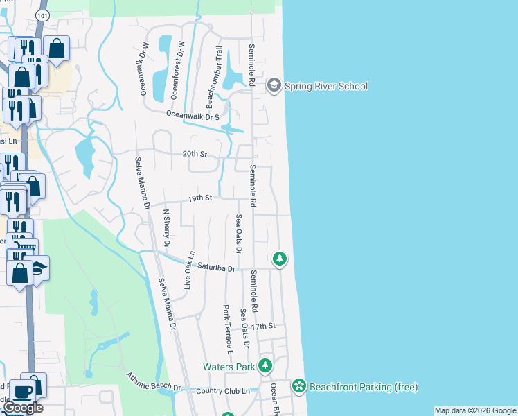 map of restaurants, bars, coffee shops, grocery stores, and more near 1964 Beachside Court in Atlantic Beach