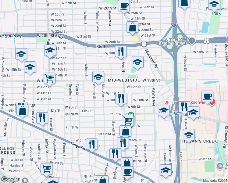 map of restaurants, bars, coffee shops, grocery stores, and more near 1328 West 11th Street in Jacksonville