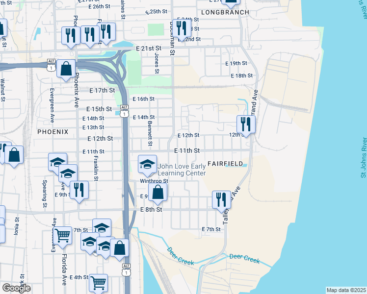 map of restaurants, bars, coffee shops, grocery stores, and more near 2069 Brackland Street in Jacksonville