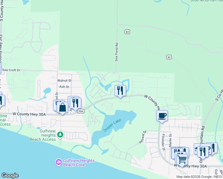 map of restaurants, bars, coffee shops, grocery stores, and more near 71 Okeechobee West in Santa Rosa Beach