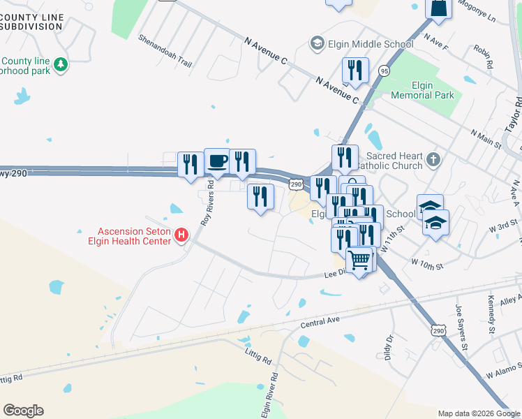map of restaurants, bars, coffee shops, grocery stores, and more near 1320 U.S. 290 in Elgin