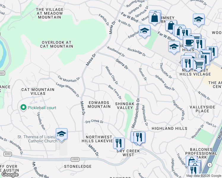 map of restaurants, bars, coffee shops, grocery stores, and more near 6302 Bon Terra Drive in Austin