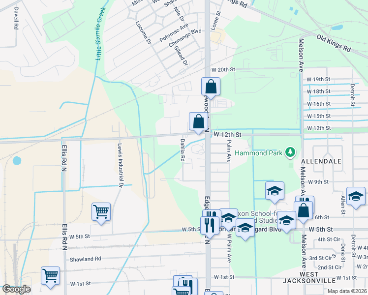 map of restaurants, bars, coffee shops, grocery stores, and more near 2025 Dahlia Road in Jacksonville
