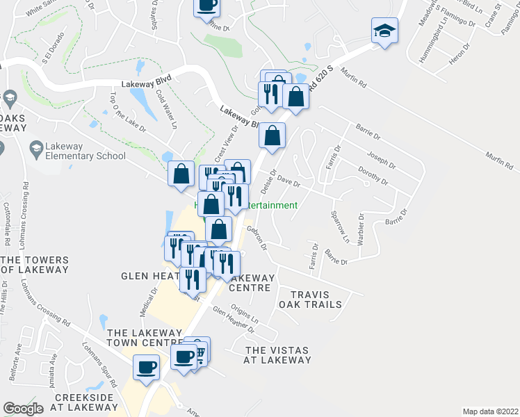 map of restaurants, bars, coffee shops, grocery stores, and more near 1305 Delsie Drive in Austin
