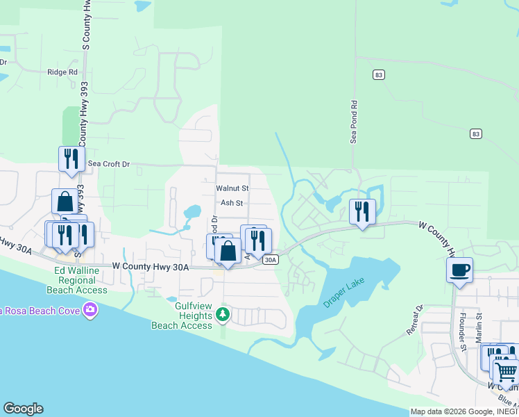 map of restaurants, bars, coffee shops, grocery stores, and more near 162 Bramble Street in Santa Rosa Beach