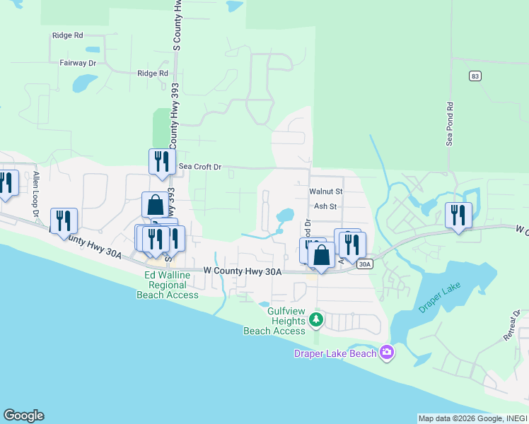 map of restaurants, bars, coffee shops, grocery stores, and more near 474 Hidden Lake Way in Santa Rosa Beach