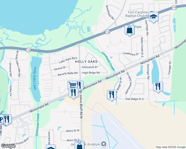 map of restaurants, bars, coffee shops, grocery stores, and more near 10764 High Ridge Road in Jacksonville