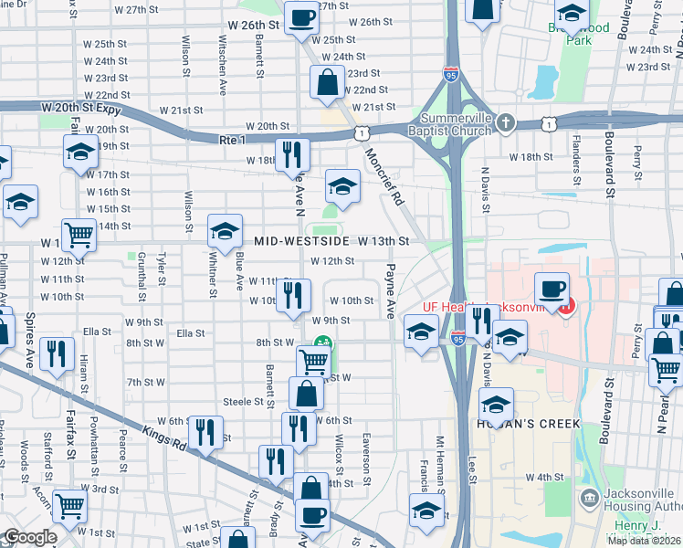 map of restaurants, bars, coffee shops, grocery stores, and more near 1150 North Durkee Drive in Jacksonville