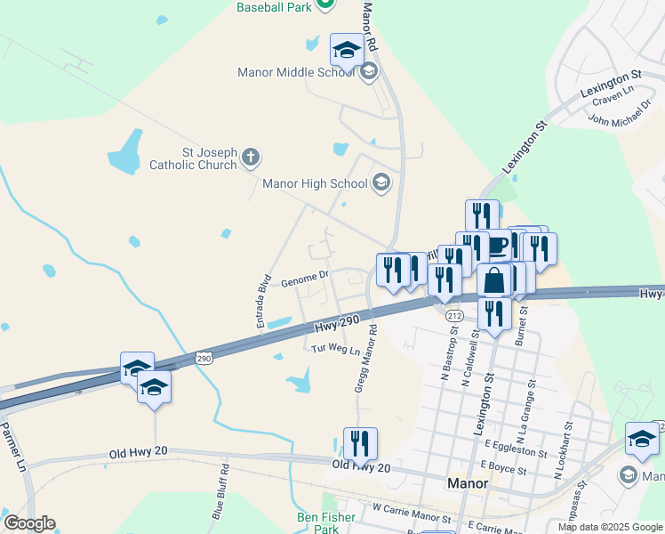 map of restaurants, bars, coffee shops, grocery stores, and more near 10700 Genome Drive in Manor