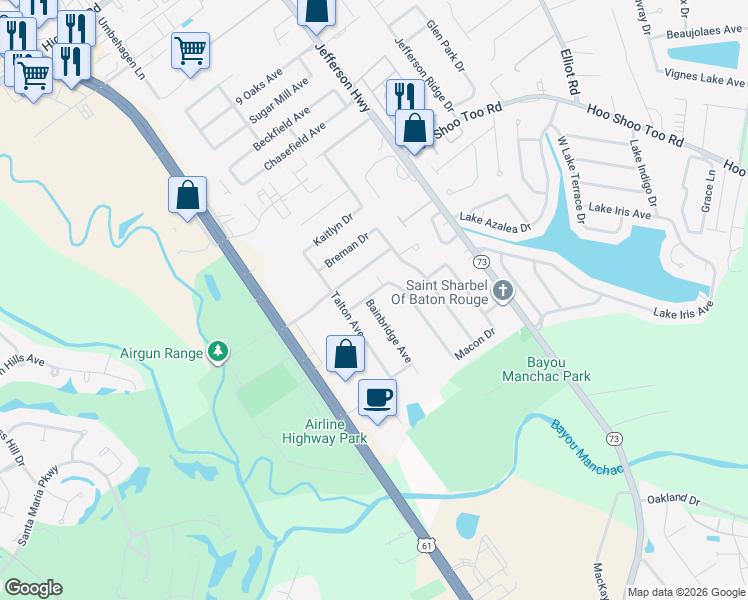 map of restaurants, bars, coffee shops, grocery stores, and more near 17528 Diversion Drive in Baton Rouge