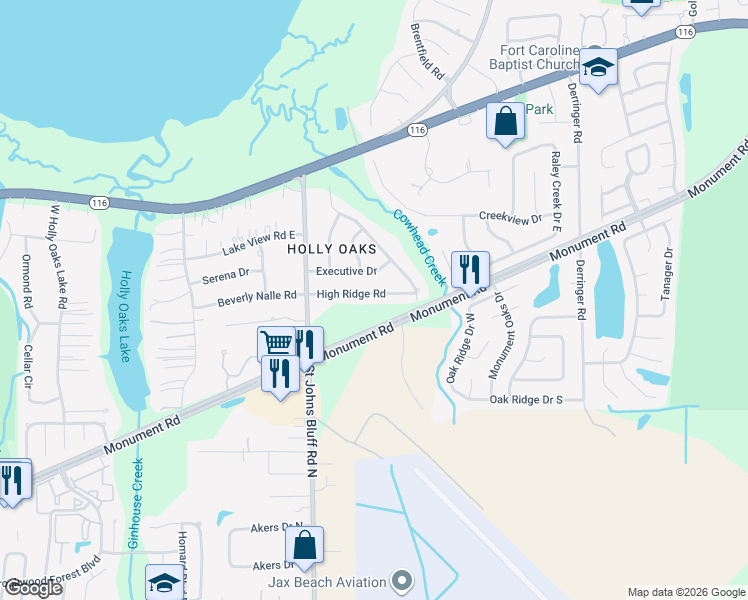 map of restaurants, bars, coffee shops, grocery stores, and more near 10832 High Ridge Road in Jacksonville