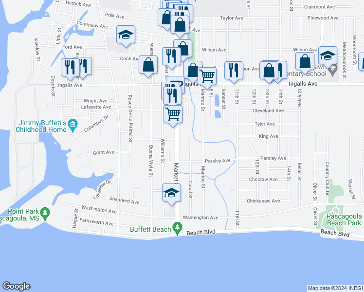map of restaurants, bars, coffee shops, grocery stores, and more near 1234 Market Street in Pascagoula