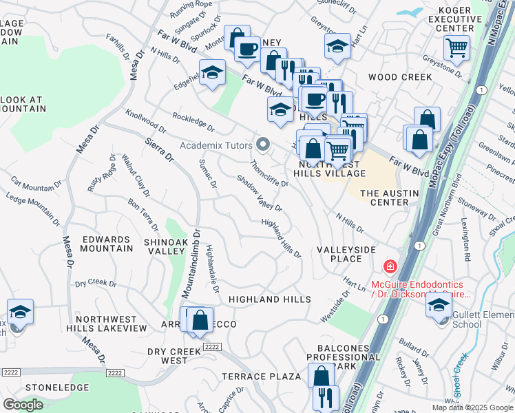 map of restaurants, bars, coffee shops, grocery stores, and more near 6109 Highland Hills Drive in Austin