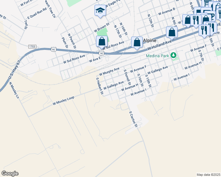 map of restaurants, bars, coffee shops, grocery stores, and more near 400-498 South Nations Street in Alpine