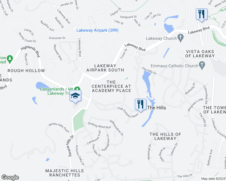 map of restaurants, bars, coffee shops, grocery stores, and more near 5 Tourney Cove in Austin