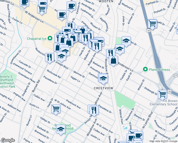 map of restaurants, bars, coffee shops, grocery stores, and more near 1718 Dartmouth Avenue in Austin