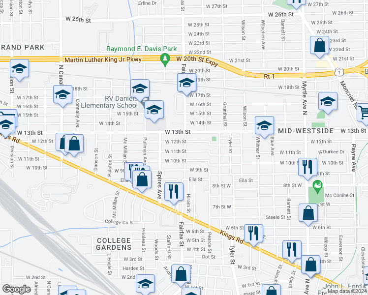 map of restaurants, bars, coffee shops, grocery stores, and more near 2102 Fairfax Street in Jacksonville