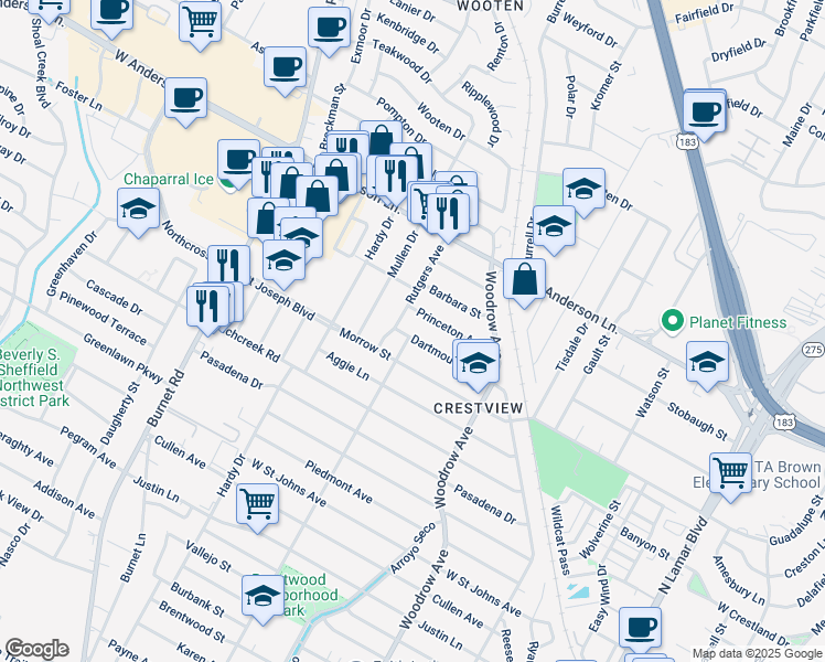 map of restaurants, bars, coffee shops, grocery stores, and more near 1718 Dartmouth Avenue in Austin