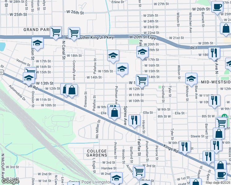 map of restaurants, bars, coffee shops, grocery stores, and more near 2112 Pullman Avenue in Jacksonville