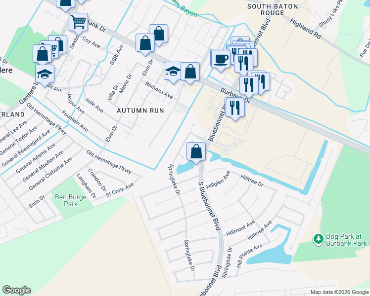 map of restaurants, bars, coffee shops, grocery stores, and more near 1173 Springlake Drive in Baton Rouge