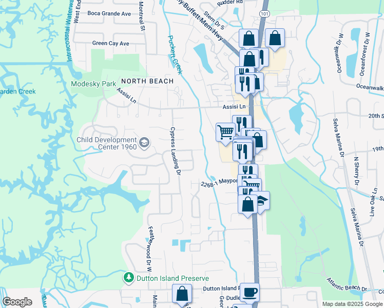 map of restaurants, bars, coffee shops, grocery stores, and more near 1820 Palm Landing Drive South in Jacksonville