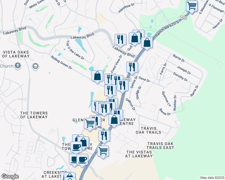 map of restaurants, bars, coffee shops, grocery stores, and more near 1310 Ranch Road 620 South in Lakeway