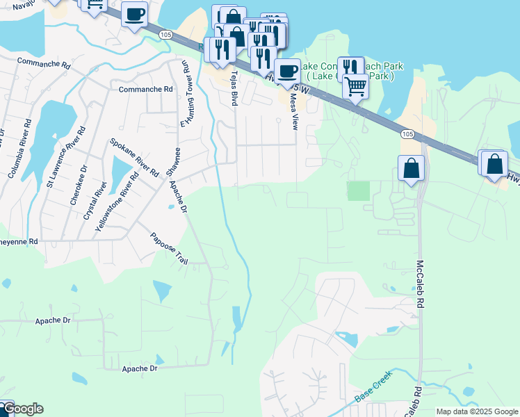 map of restaurants, bars, coffee shops, grocery stores, and more near 511 Tejas Boulevard in Montgomery