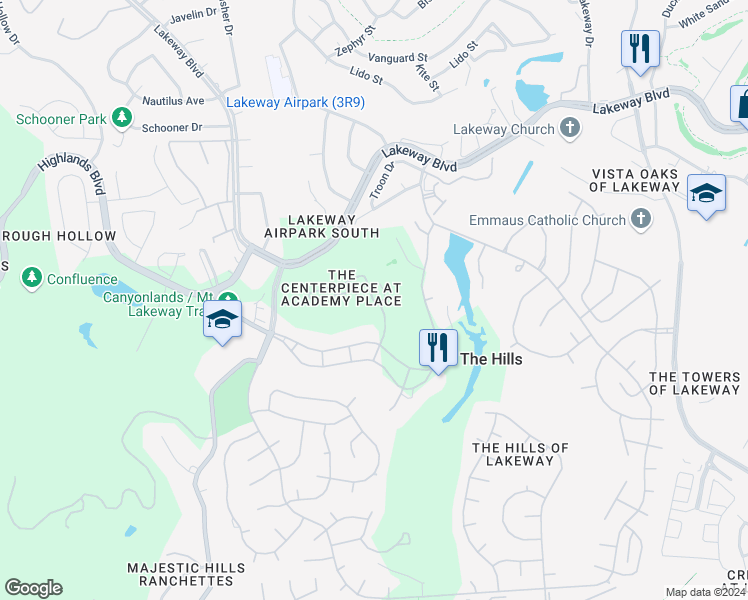 map of restaurants, bars, coffee shops, grocery stores, and more near 67 Tournament Way in The Hills