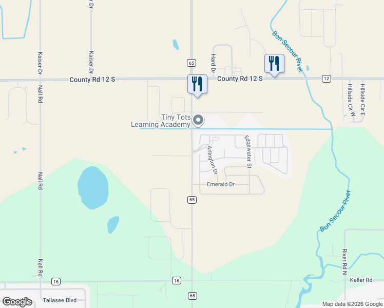 map of restaurants, bars, coffee shops, grocery stores, and more near 8651 County Road 65 in Foley