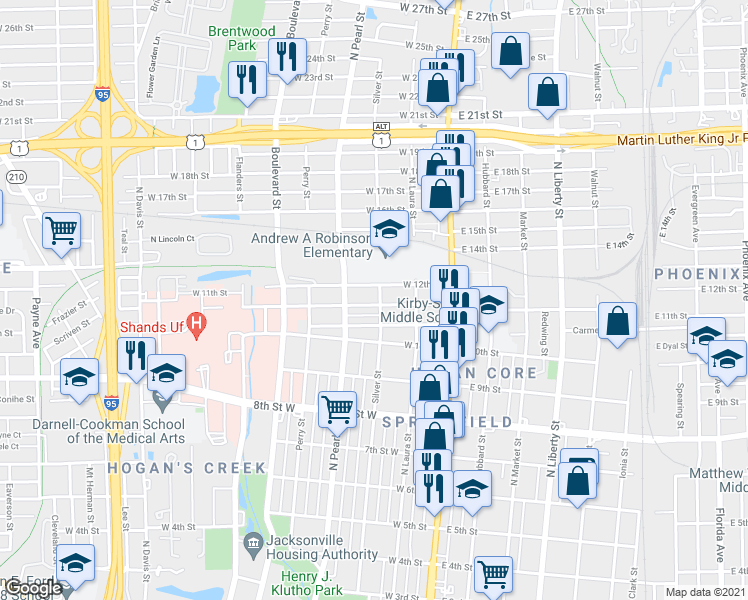 map of restaurants, bars, coffee shops, grocery stores, and more near 2036 Silver Street in Jacksonville
