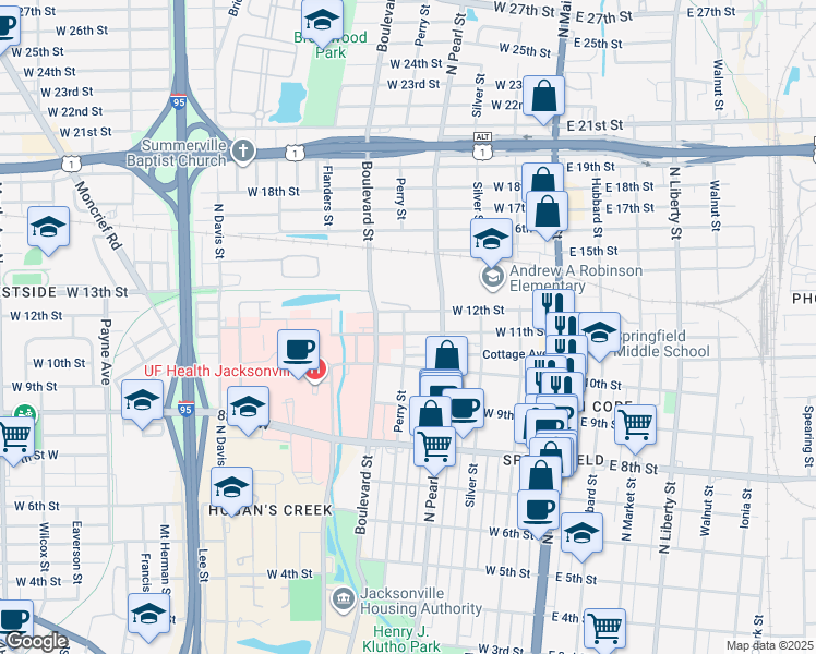 map of restaurants, bars, coffee shops, grocery stores, and more near 403 West 10th Street in Jacksonville
