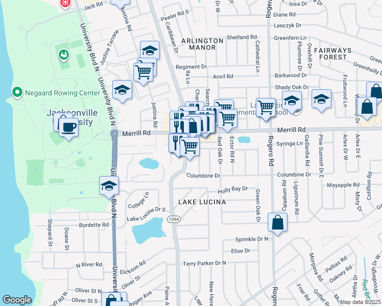 map of restaurants, bars, coffee shops, grocery stores, and more near 2647 Cesery Boulevard in Jacksonville