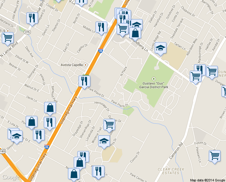 map of restaurants, bars, coffee shops, grocery stores, and more near 1055 Park Plaza in Austin