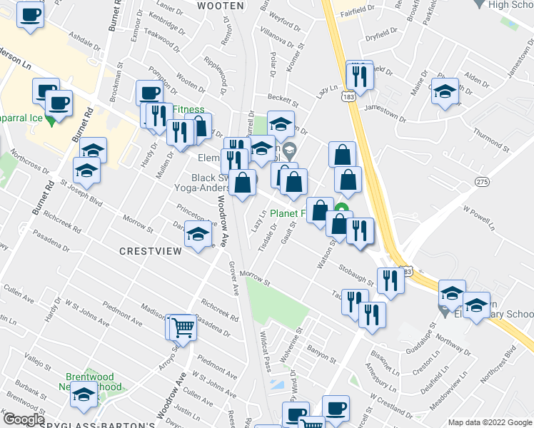 map of restaurants, bars, coffee shops, grocery stores, and more near 7805 Lazy Ln in Austin