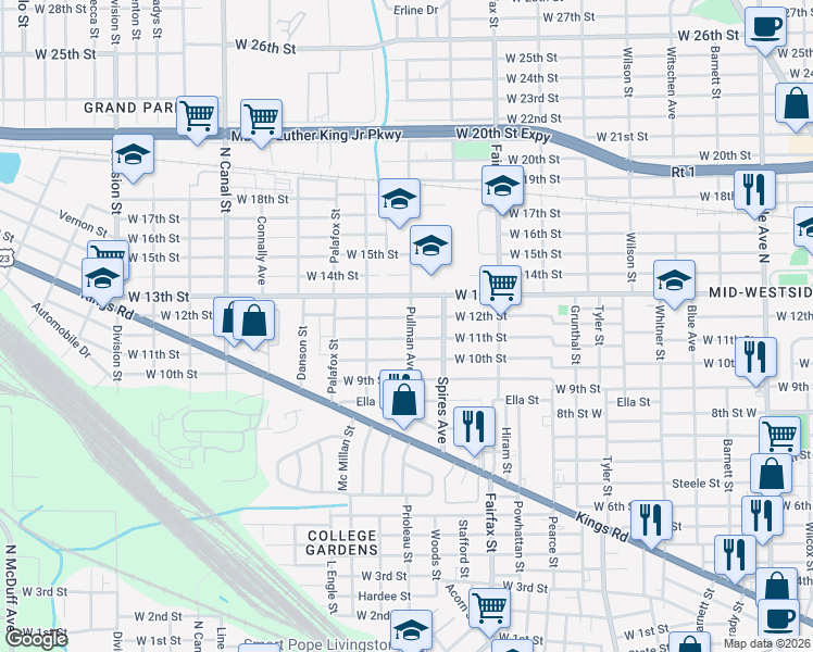 map of restaurants, bars, coffee shops, grocery stores, and more near 2120 Pullman Avenue in Jacksonville