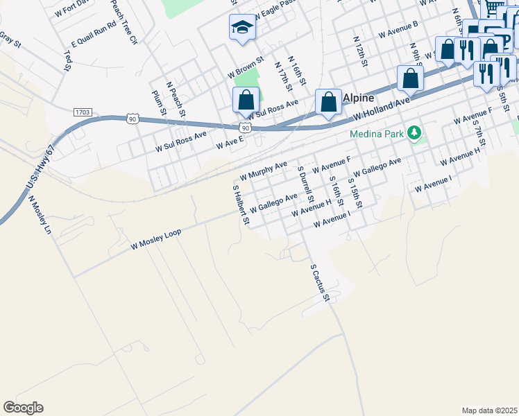 map of restaurants, bars, coffee shops, grocery stores, and more near 400 South Nations Street in Alpine