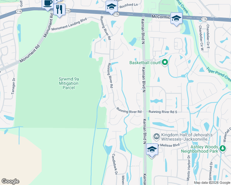 map of restaurants, bars, coffee shops, grocery stores, and more near 1449 Panther Run Road in Jacksonville