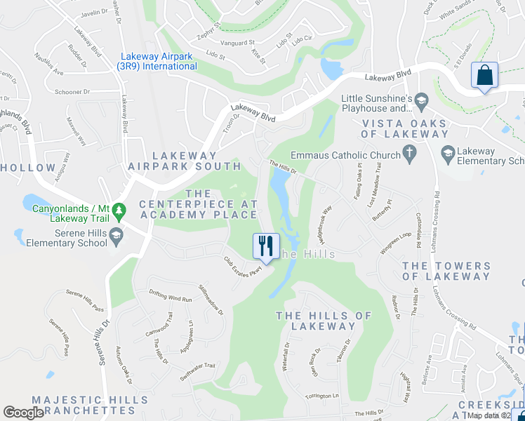 map of restaurants, bars, coffee shops, grocery stores, and more near 98 Crystal Springs Court in The Hills