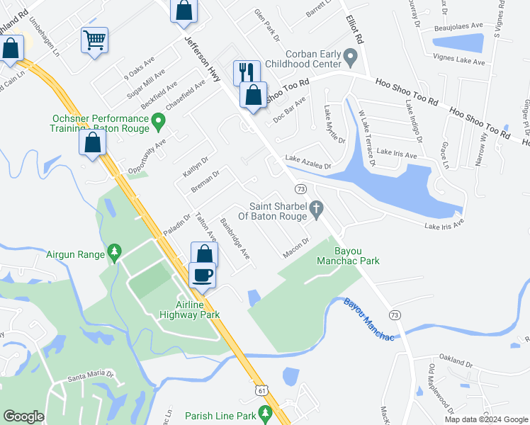 map of restaurants, bars, coffee shops, grocery stores, and more near 11332 Moultrie Avenue in Baton Rouge