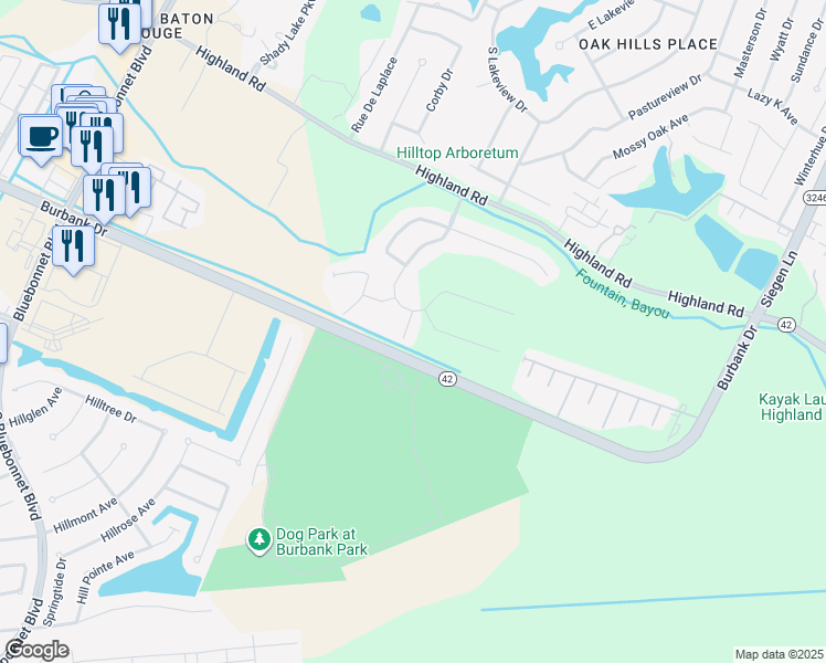 map of restaurants, bars, coffee shops, grocery stores, and more near 535 Lake Villa Drive in Baton Rouge