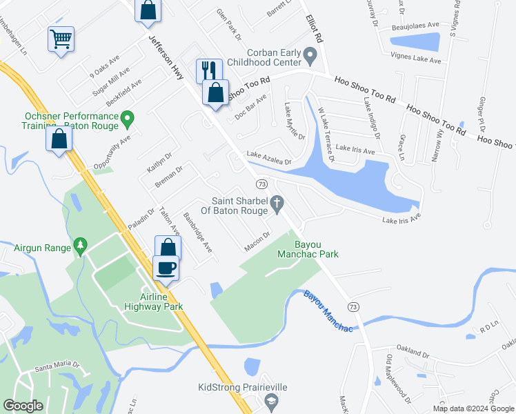 map of restaurants, bars, coffee shops, grocery stores, and more near 11433 Blanton Avenue in Baton Rouge