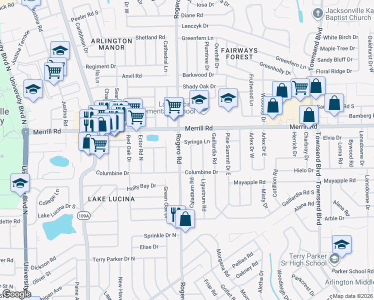 map of restaurants, bars, coffee shops, grocery stores, and more near 2713 Rogero Road in Jacksonville