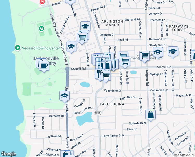 map of restaurants, bars, coffee shops, grocery stores, and more near 2712 Florida 109A in Jacksonville
