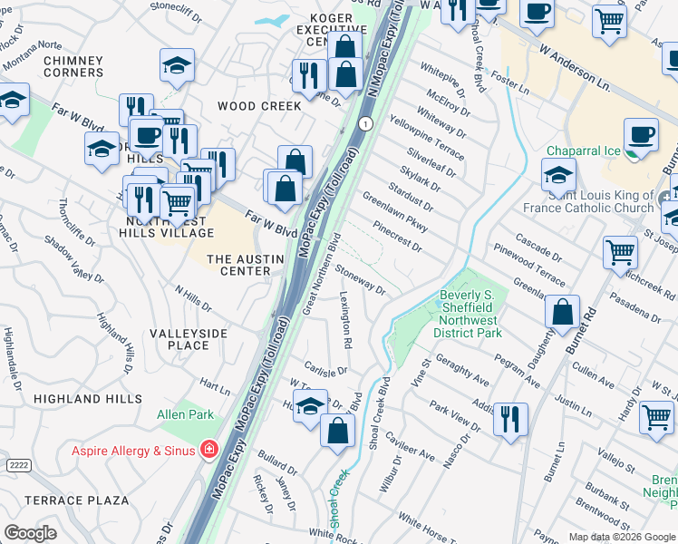 map of restaurants, bars, coffee shops, grocery stores, and more near 3104 Stoneway Drive in Austin