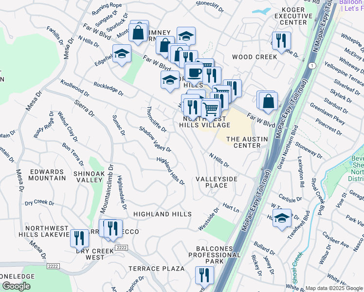 map of restaurants, bars, coffee shops, grocery stores, and more near 6800 Thorncliffe Drive in Austin