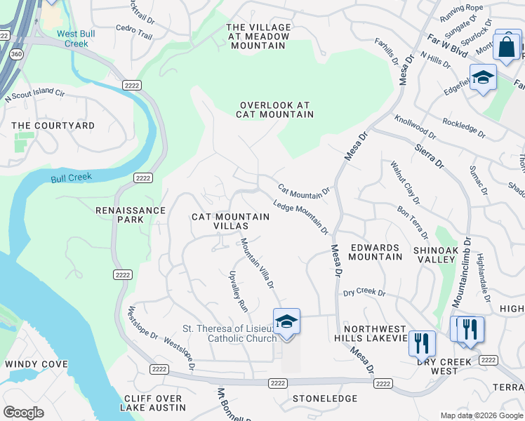map of restaurants, bars, coffee shops, grocery stores, and more near 6220 Ledge Mountain Drive in Austin