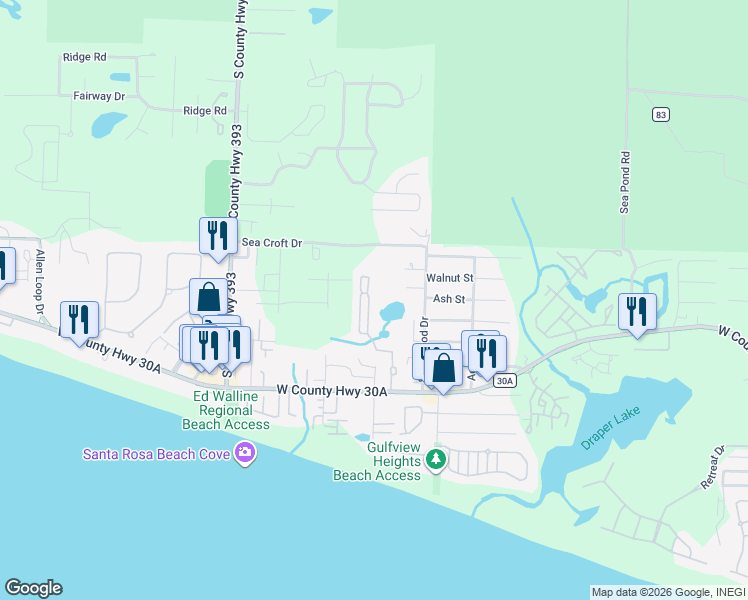 map of restaurants, bars, coffee shops, grocery stores, and more near 368 Hidden Lake Way in Santa Rosa Beach