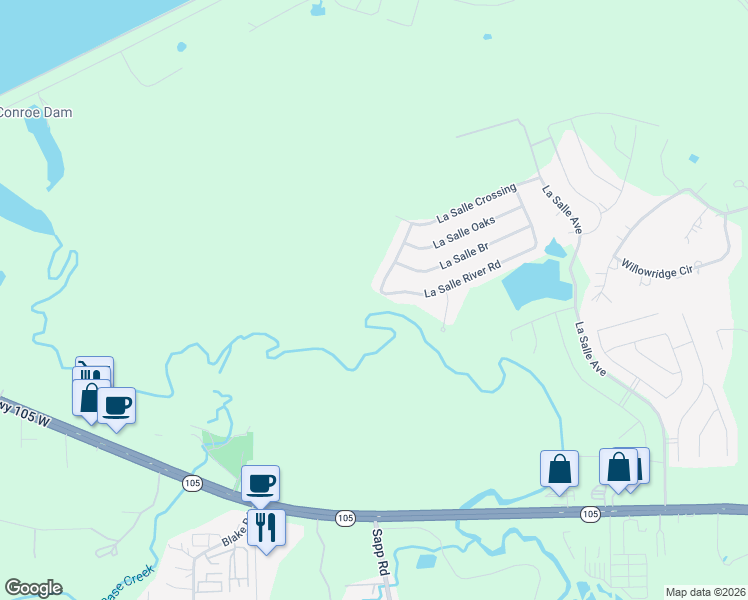 map of restaurants, bars, coffee shops, grocery stores, and more near 2340 La Salle Woods in Conroe
